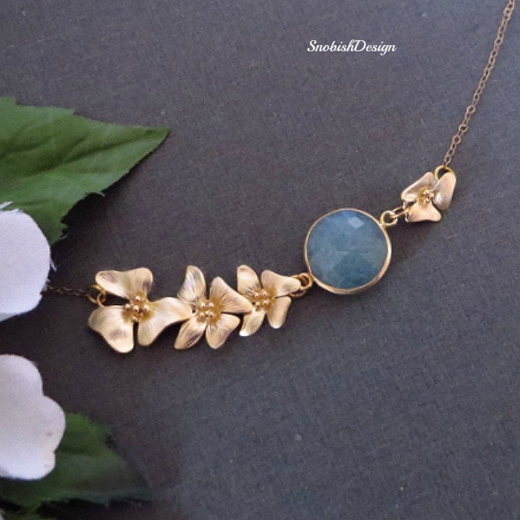 Lotus Necklace, Aquamarine Gemstone Necklace, Statement Necklace, Aquamarine Jewelry, Mothers Necklace, Wedding Jewelry, Bride
