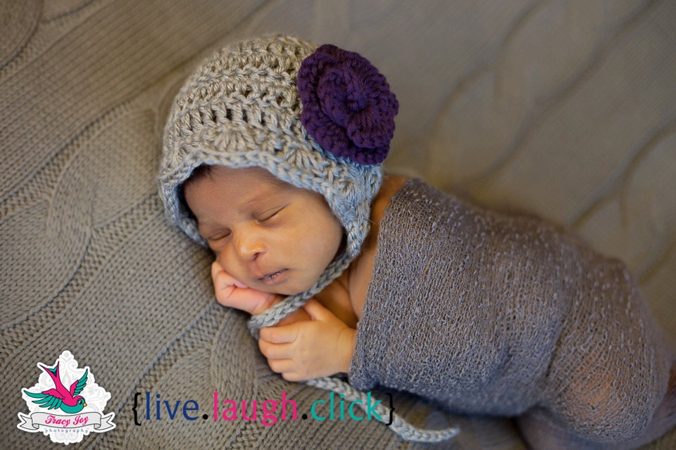 Newborn crocheted vintage inspired bonnet with scallop edge shown in gray heather with plum rose - perfect baby gift or photo prop