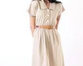 Vintage Dress Tan Shirt Dress with Pockets Cap Sleeve Khaki Day Dress Small Medium