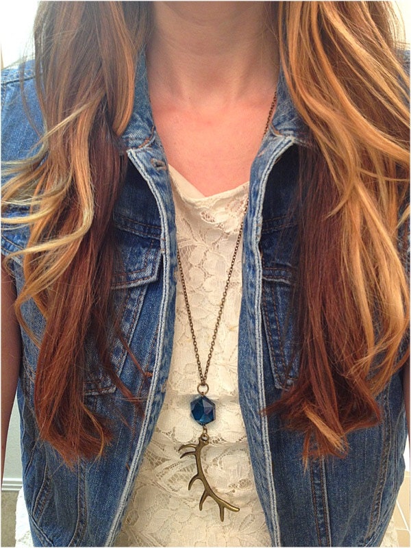 Teal Crystal and Bronze  Antler Necklace
