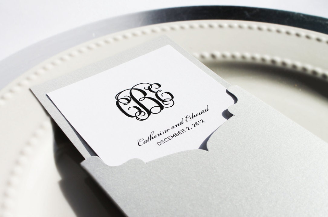 Monogram Menu, Elegant, Traditional, Unique, Wedding Menu Black white and silver