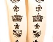 Crown Tattoo Tights Small Medium Black on Cream Ivory Printed Womens Royal Medieval Lolita