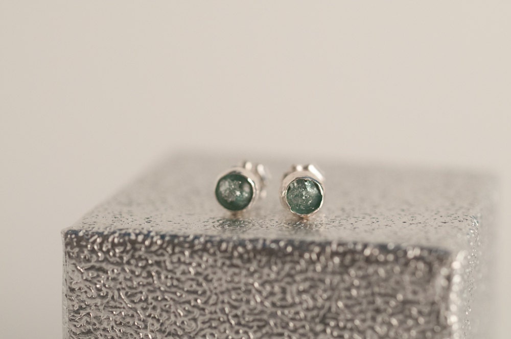 stud earrings - teal resin and metallic silver leaf flakes - silver settings
