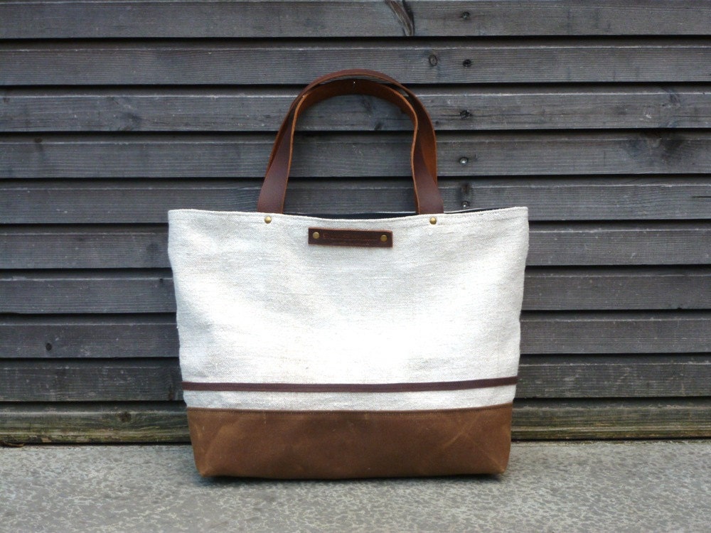 recycled antique linen carry all/tote bag with oiled leather handles and waxed canvas bottem