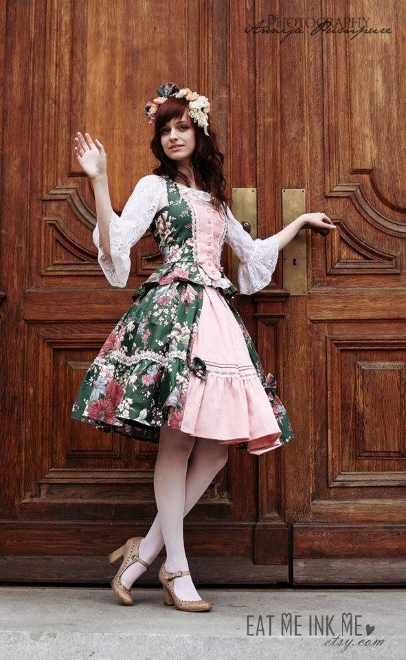 Floral Green Rococo skirt and vest set with pink jacquard and corset lacing