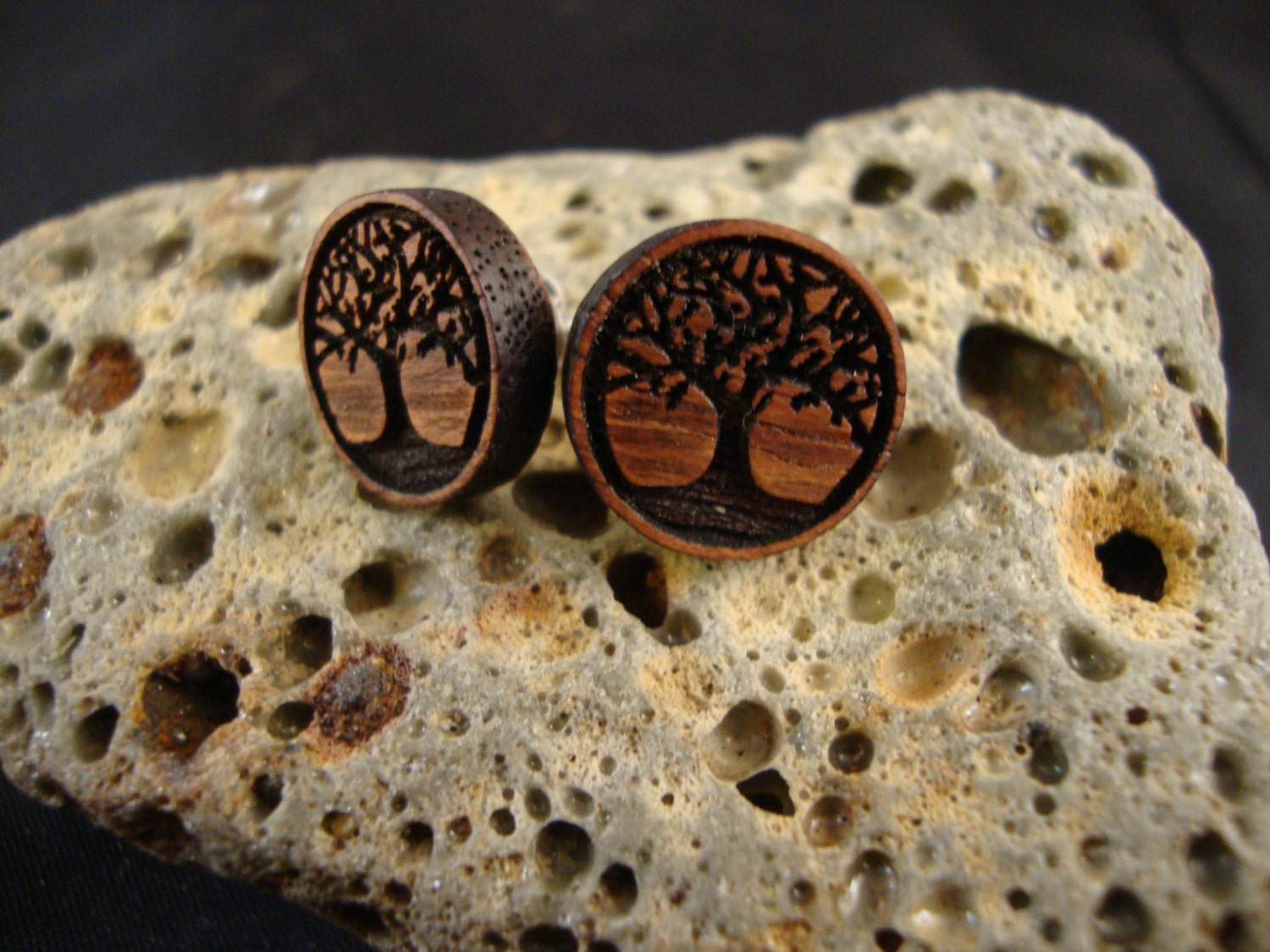 Round Stud / Post Earrings w/ Tree engraving - 14 mm Diameter - Cocobolo Wood - brown/orange/red