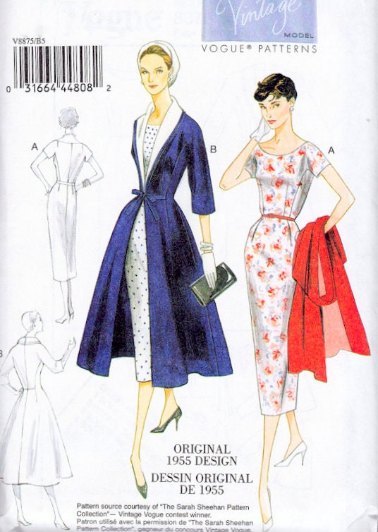 1950s Inspired Misses Sheath Dress and Princess Seam Coat Sewing Pattern, 1955 Reissue of Vogue 8875 Sizes 8, 10, 12, 14, 16 uncut