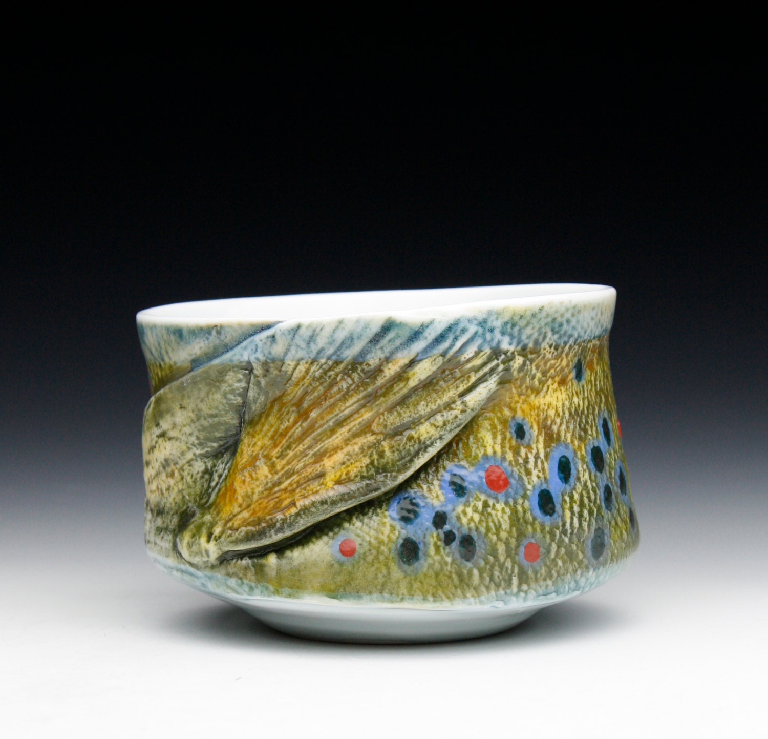 Porcelain Trout Yunomi ( Hand Painted Brook Trout Tea Bowl) Unique and One of a Kind