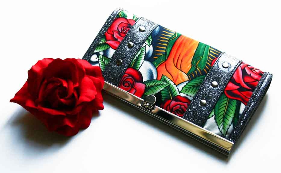 Black Folklorico Wallet with Your Choice of Vinyl, Rockabilly, Day of the Dead, Psychobilly - MADE TO ORDER