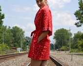 Vintage 70s Red FLORAL Dots Stripes Poly Cotton Spring Summer Short Mini ROBE / Cover up - M / L