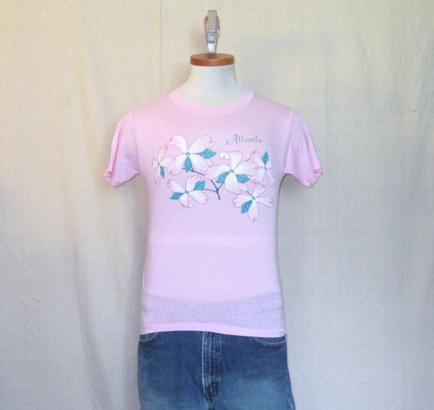 Vintage Super Soft 80s ATLANTA FLOWERS GRAPHIC Georgia Women Small Pink 50/50 T-Shirt