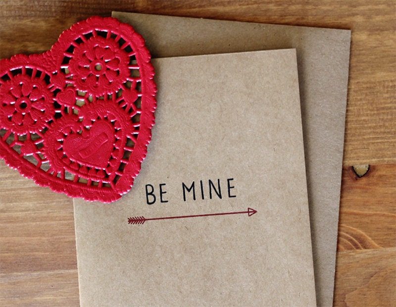 Be Mine Valentine Card  - Hand Lettered Be Mine Arrow Eco-Friendly Valentine's Day Card and Envelope