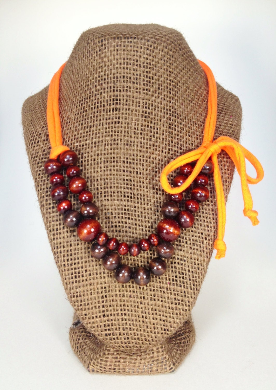 Wood bead t-shirt necklace, adjustable, Orange yarn