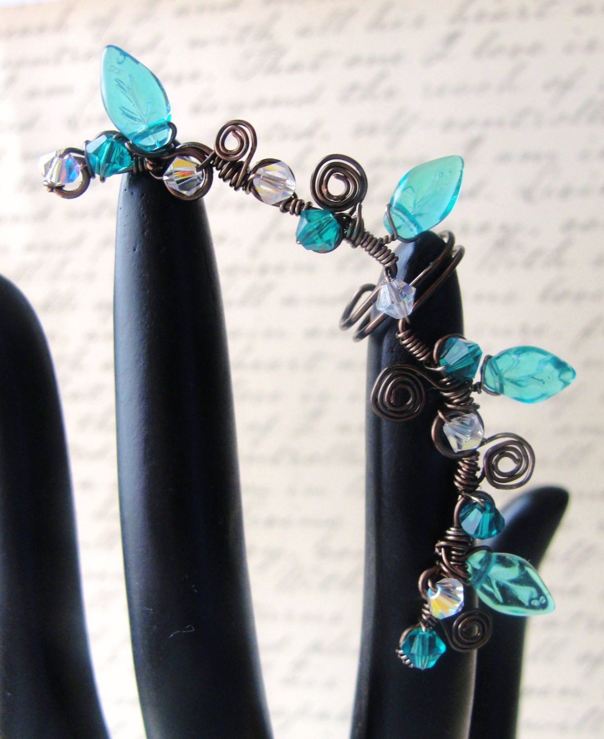 Wire Wrapped Ear Cuff, Teal, Blue Zircon, Aqua, Ear Vine, Swarovski Crystals, Summer, Antique Bronze Wire, Twisted Wire Art, Non Pierced
