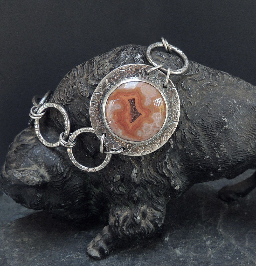 OOAK, Dryhead Agate Bracelet, Artisan Made Sterling Bracelet, adjustable, 8 inches, Recycled Silver and Agate Gemstone, Orange, Earth Tones
