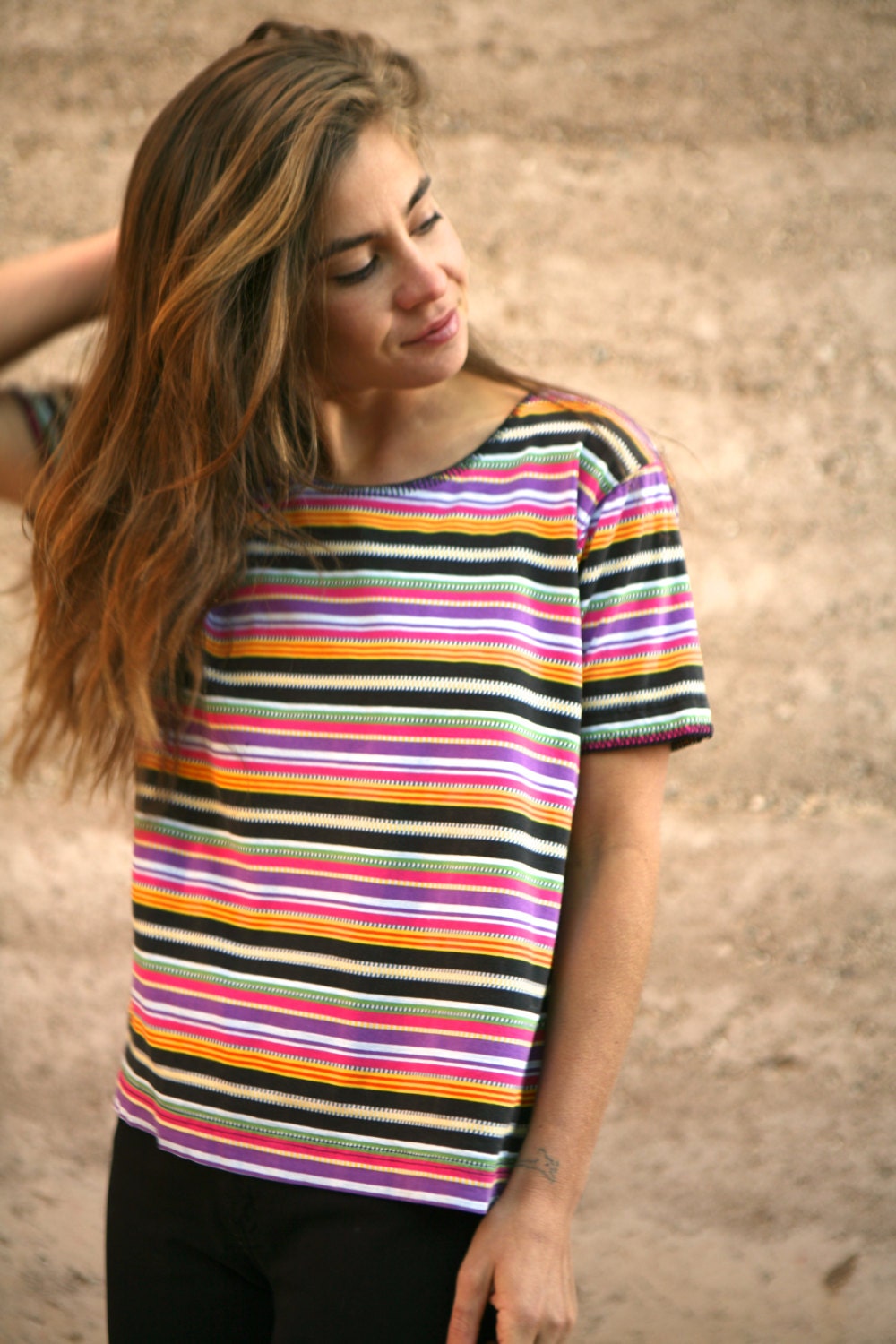 90s striped OXFORD red & white soft SCOOP neck summer shirt