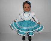 Folklorico Chihuahua polka dance outfit jade green for American Girl and similar 18 inch dolls hand made