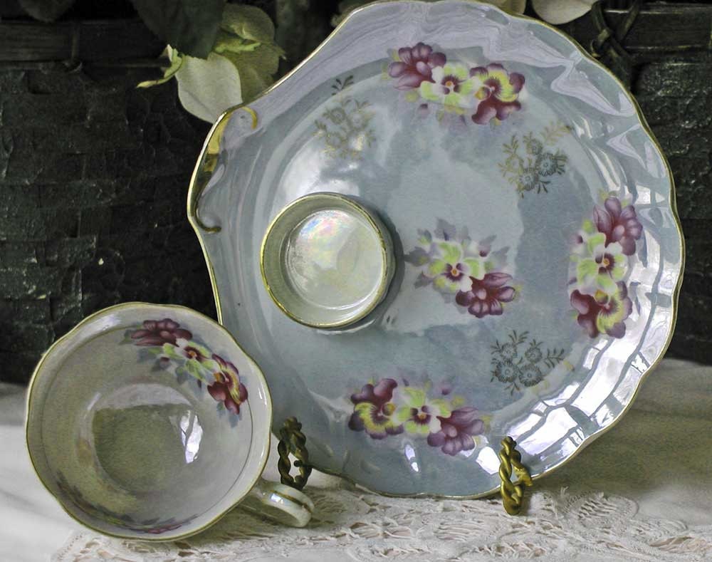 Royal Ainsley Floral Lusterware Snack Plate and Teacup Sets With Pansies and Dogwood - Set of 4 Plus 1 Extra