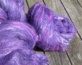 Hand Carded Batts, 85g total, spinning wool, cotton, tencel, firestar angelina, black, pink, purple