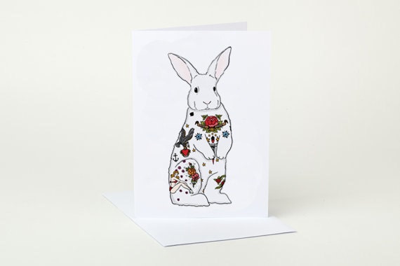 Tattoo Rabbit Greeting Card (white bunny)
