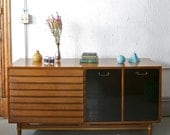 Mid Century Modern American Of Martinsville Dania Collection Credenza / Sideboard / Bar Cabinet with Black Lacquered Cabinet Doors