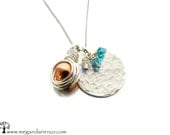 Birthstone Necklace, Modern Mother's Necklace, Hammered Silver Disc and Copper Wire Wrapped Charm Necklace