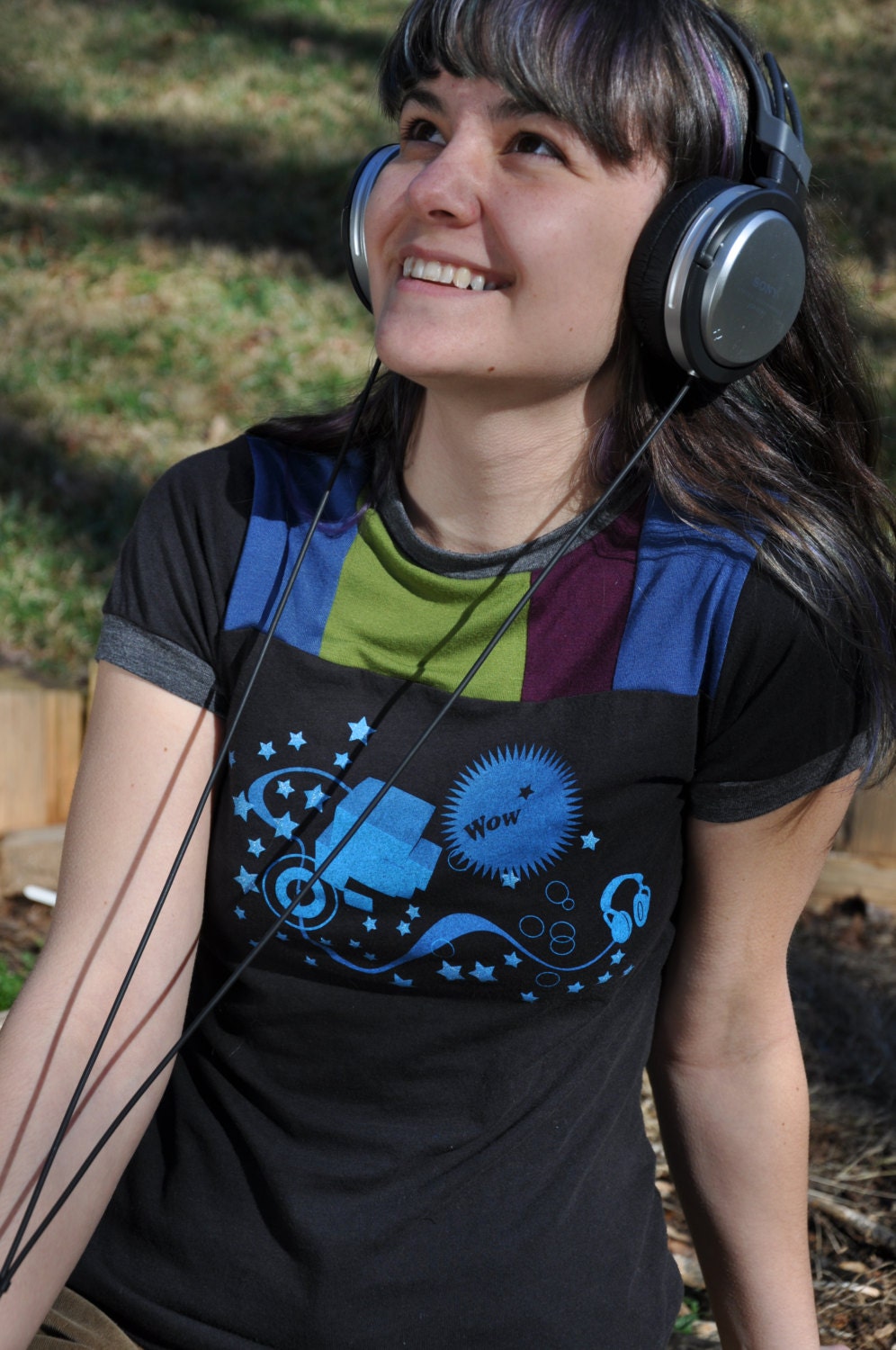 Upcycled music "wow" handmade t-shirt, made from recycled materials, one-of-kind