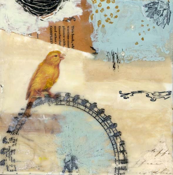Original Encaustic Art- "Answering for Discarded Youth"  Encaustic painting, Bird and Ferris wheel Art by Angela Petsis