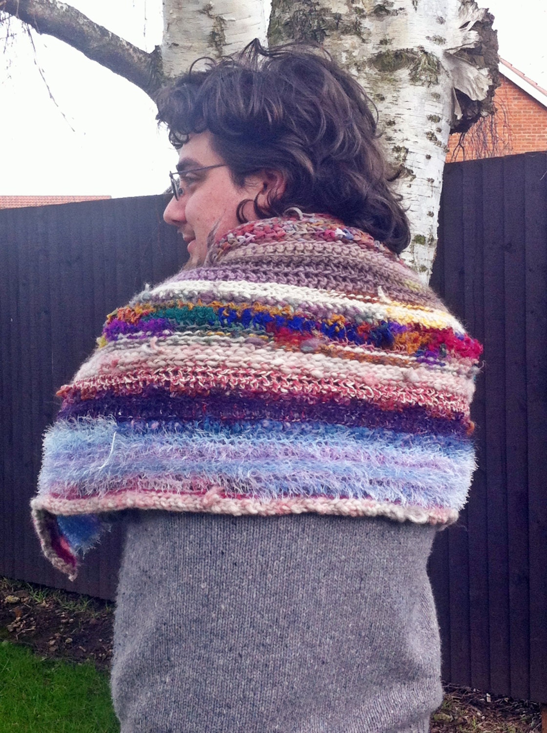 Sunrise Afghan Wrap. Freeform Crochet, Rustic, OOAK. Earthy, Autumn, Fall, Brown, Purple, Red, Yellow, White, Pink