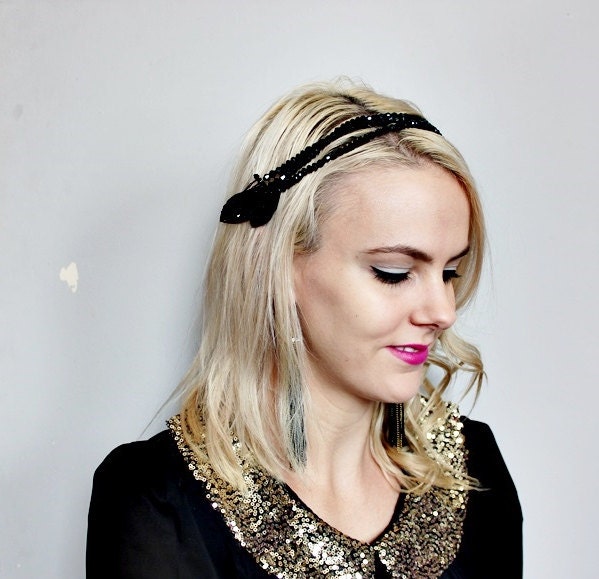 1920s black crystal chain headband with black beaded applique