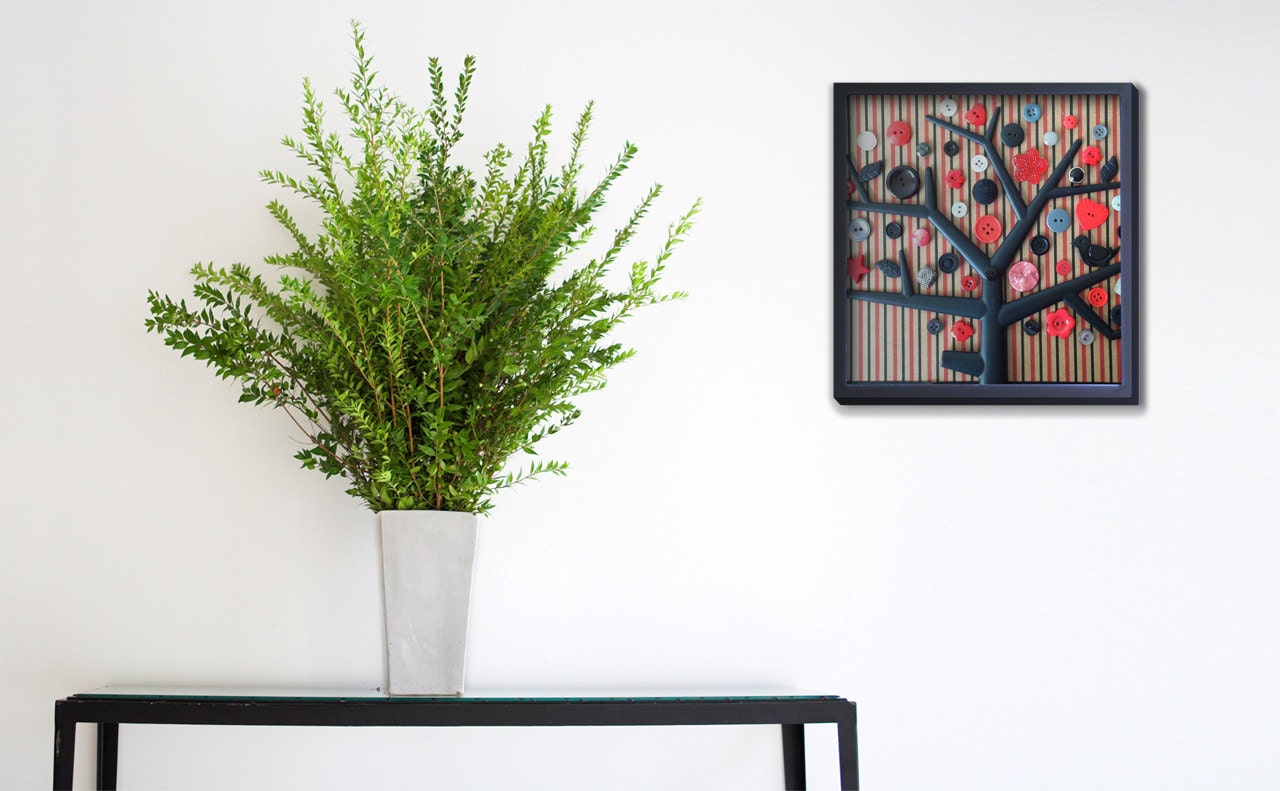 Mixed Media Art, Button Tree, Home Decor, 3D art, Black and Red Vintage Buttons  in Framed Shadow Box