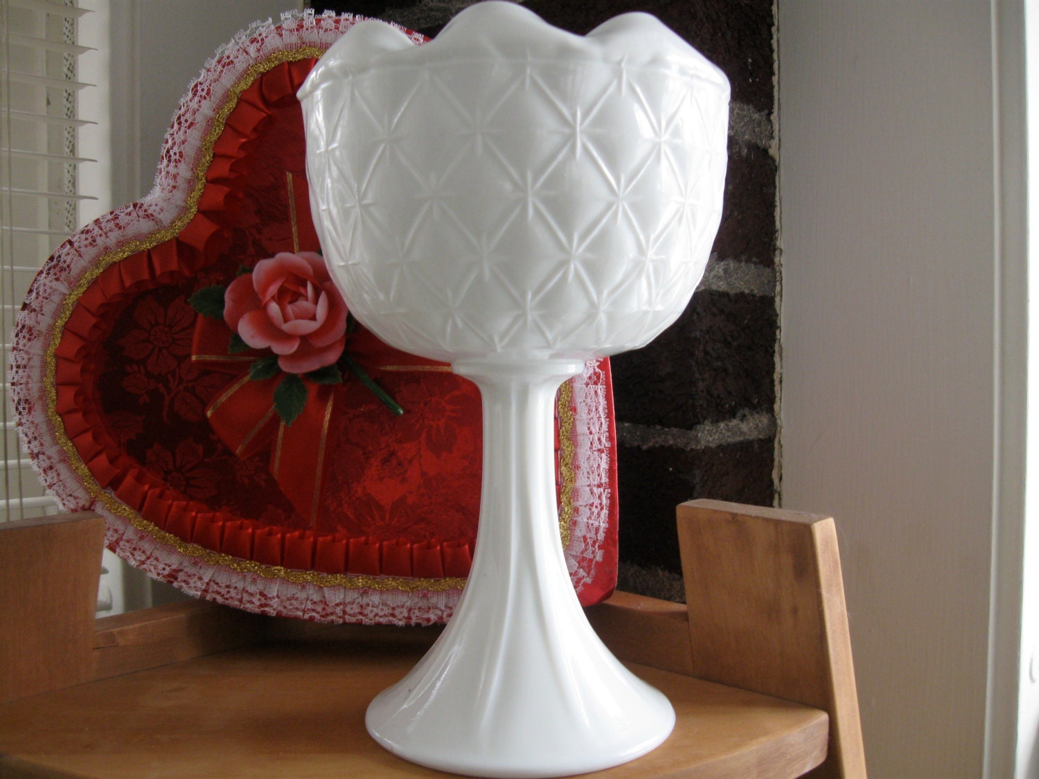 Milk Glass Compote Pedestal Candy Dish Diamond Pattern