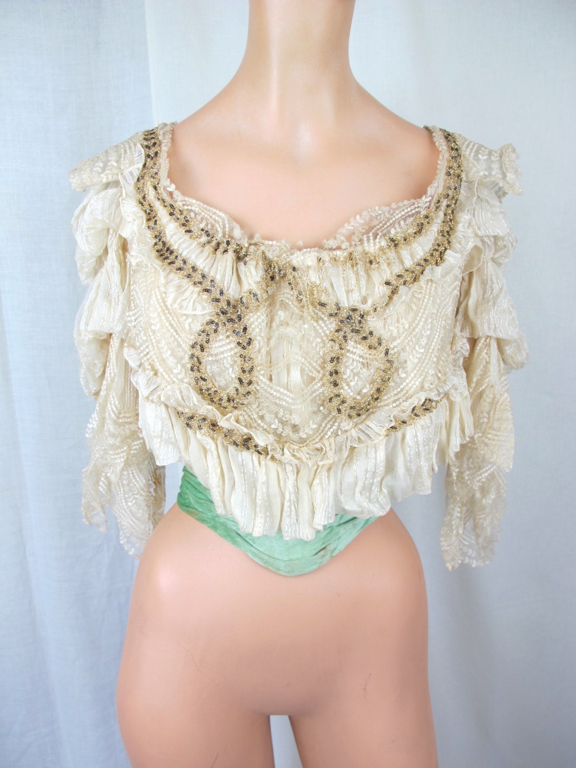 Late 1800s Victorian White Silk Gold Beaded Top for Display/Design/Costuming