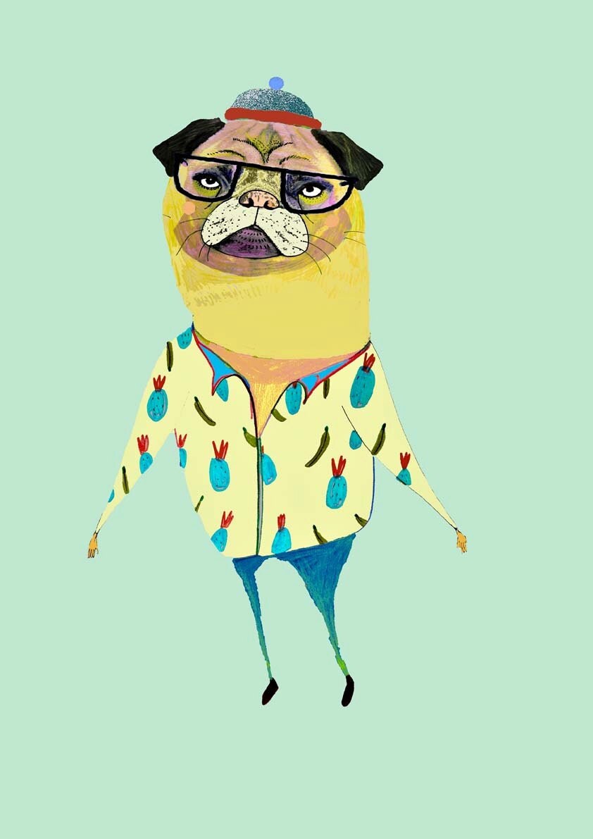 Pug Wearing Awesome Shirt. Illustration, Kids Wall Art.