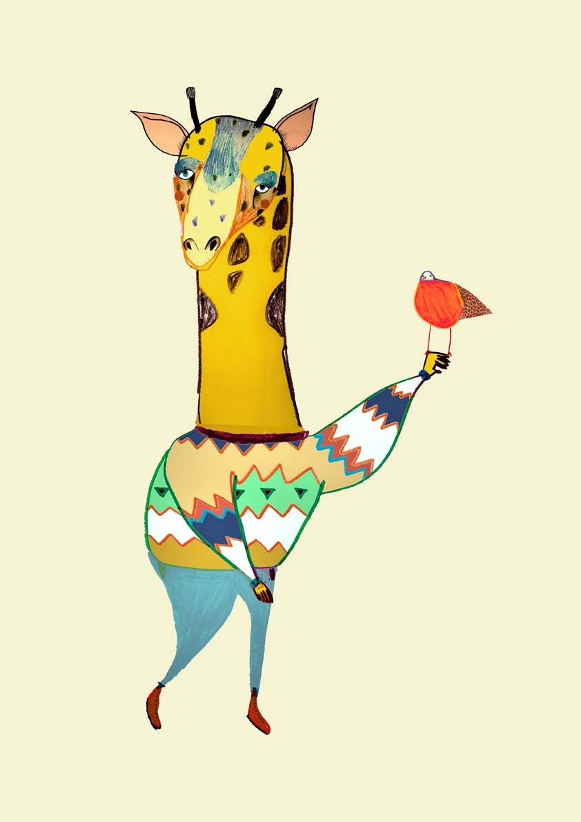 Giraffe and Robin. Kids Wall Art. Illustration Print.