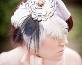 Evelyn Bridal Headpiece Feather Fascinator Wedding Cocktail Hat Flapper Millinery Black and White Peacock
