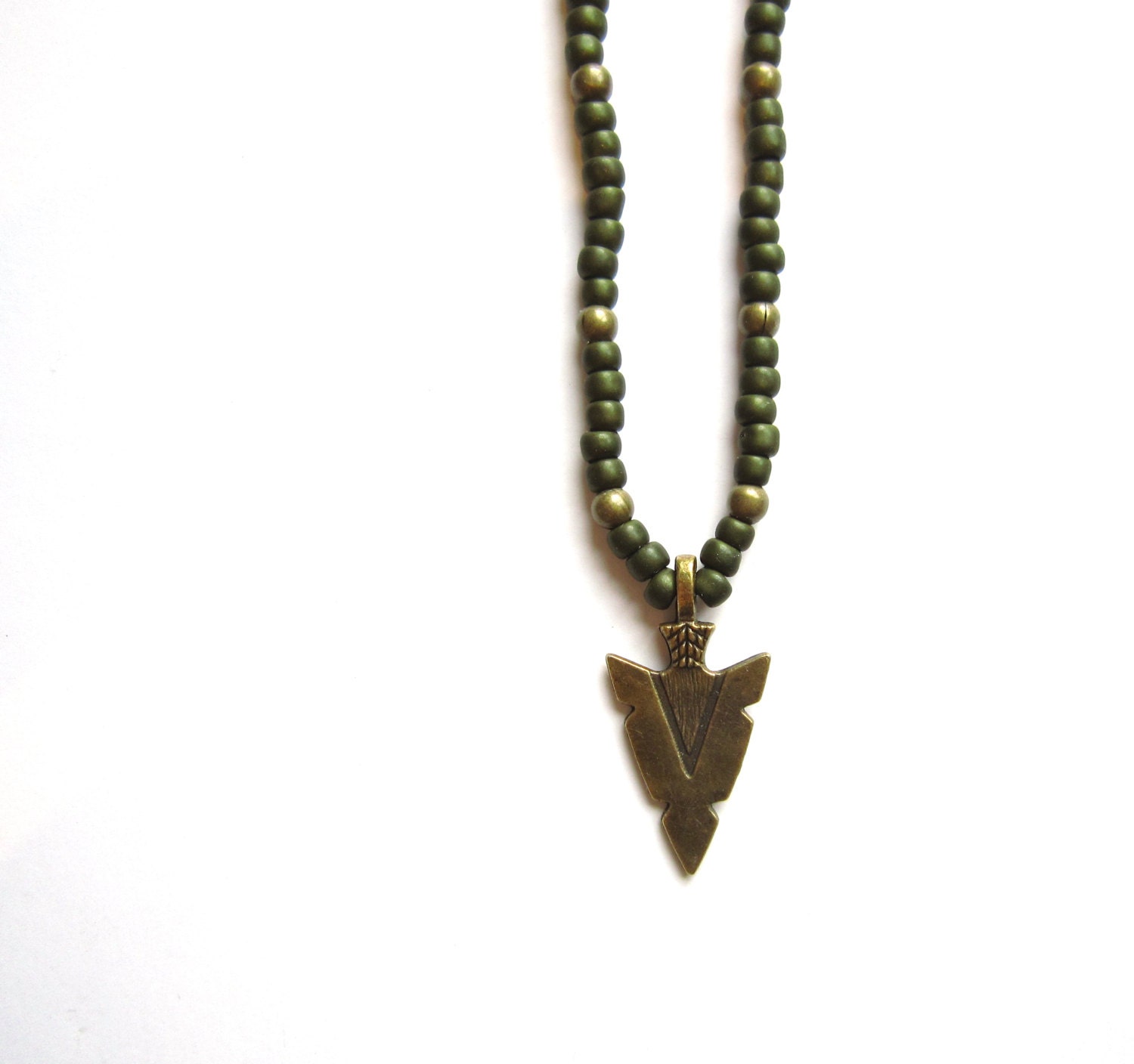 Arrowhead Tribal necklace with Olive Green Beads
