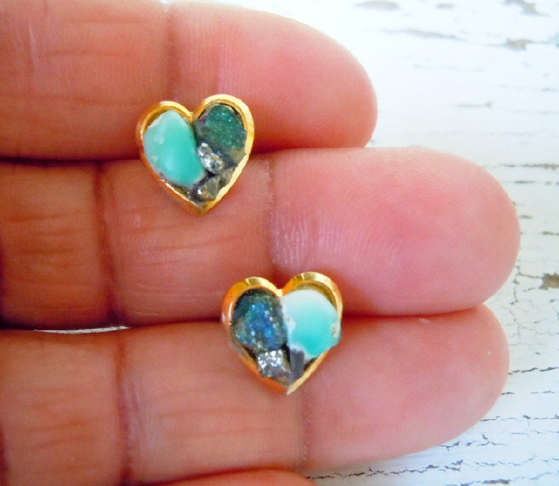 Turquoise Stud Earrings - Heart Shaped With Accents of Peacock Ore Minerals