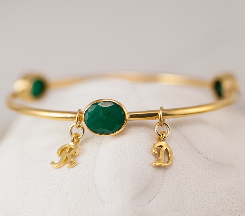 Personalized Charm Bangle - Emerald Bracelet - Gemstone Bangles - May Birthstone Bracelet - Initial Charm Bracelets Mother's Day Gift