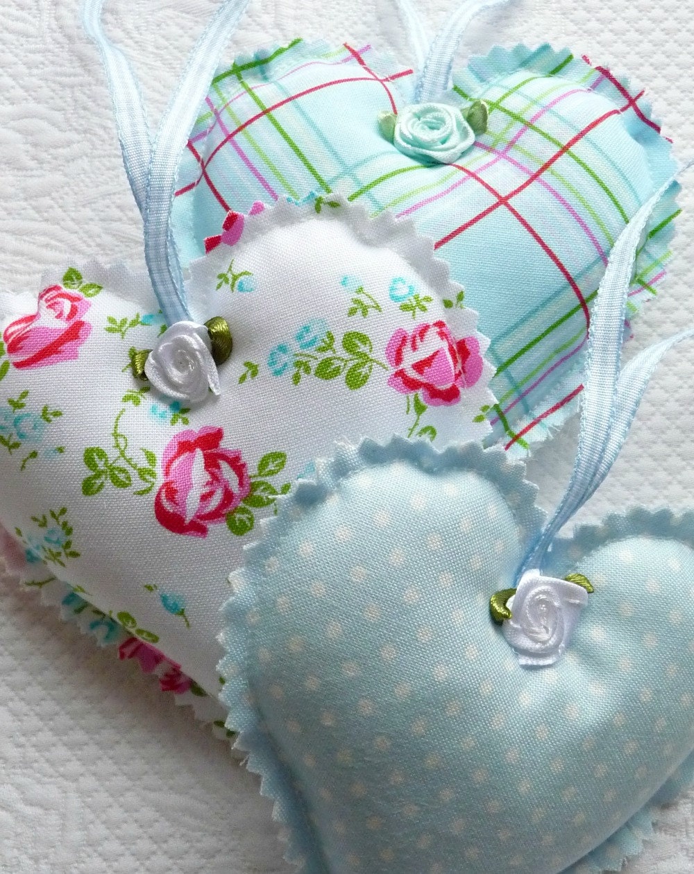 Shabby Chic Blue Polka Dot, Gingham, Floral Hanging Hearts, Ornament, Satin Roses, Valentine, Trio