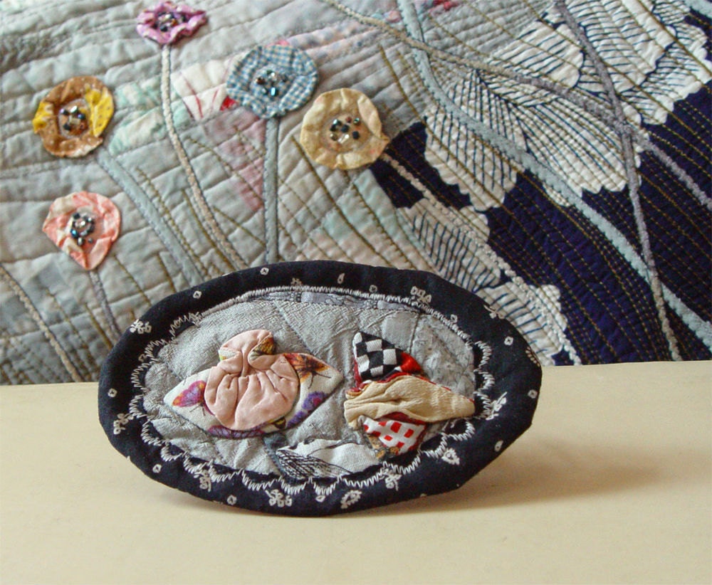 Art to wear, grey necklace,  quilted pendant, grey garden, hand applique flowers