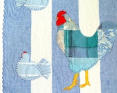ROOSTER and HENS Kitchen Decor, Art Quilt, Textile Wallhanging, Rustic Cottage, Blue White Home, Folk Art