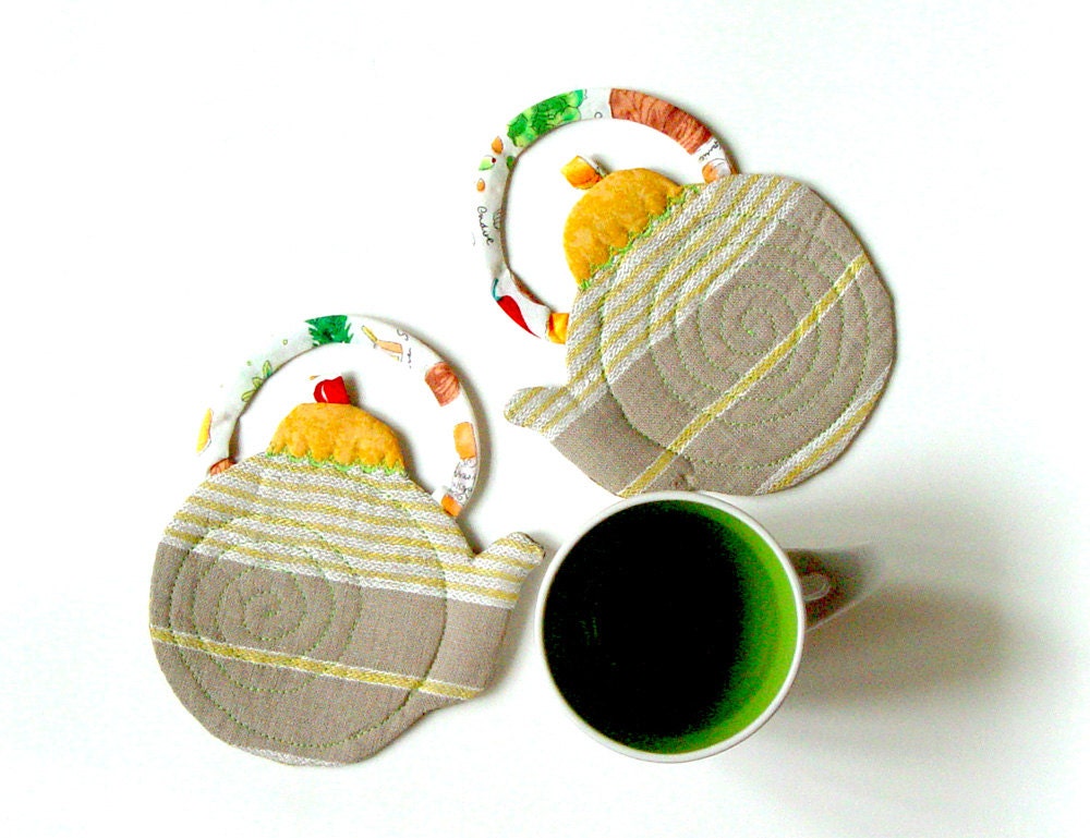 QUILTED Teapots, Yellow Spring COASTERS, Home Decoration