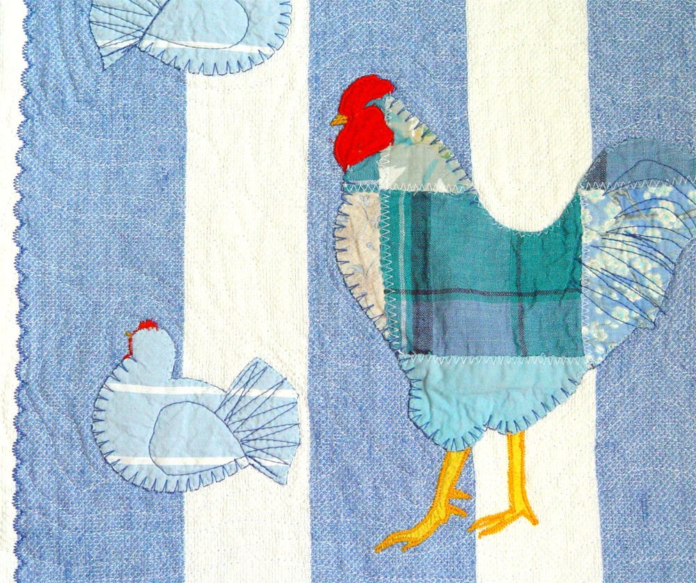 ROOSTER and HENS Kitchen Decor, Art Quilt, Textile Wallhanging, Rustic Cottage, Blue White Home, Folk Art