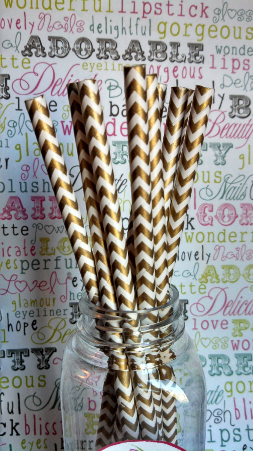 Gold Chevron Paper Straws, Party Drinking Straws with Printable DIY Flag Toppers (100 count)