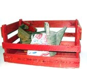 Vintage Wood Crate Red Box Garden Planter Black Stencil