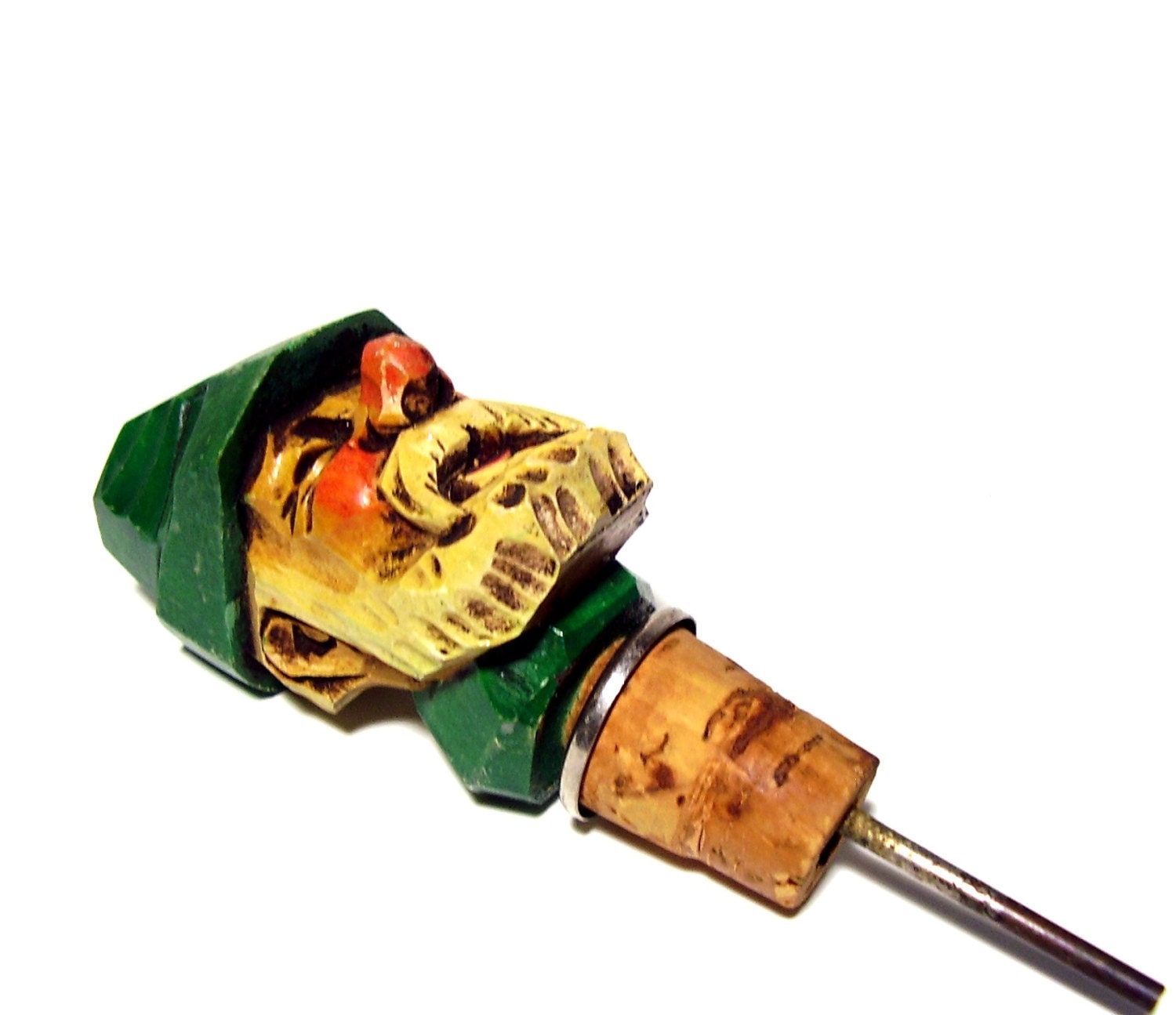 Vintage Bottle Stopper Carved Wood Folk Art 1960s Barware