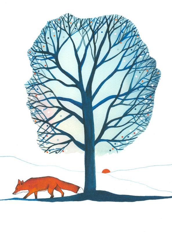 10" x  8" Art Illustration Print Fox Landscape Tree Winter Blue White Orange Drawing Watercolor