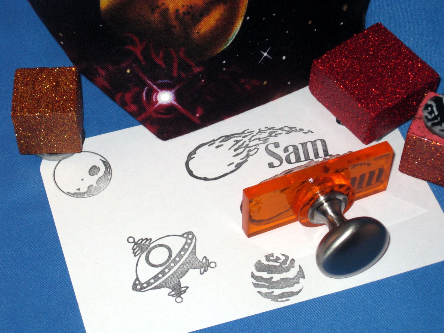 Astronaut Space Themed Personalized Stamp Set for Children Flying Saucer or Space Shuttle Gift with Child's Name Stamp