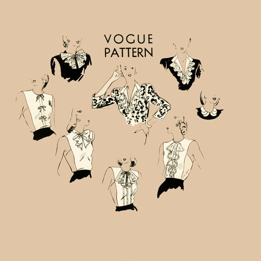 1940s Dickeys and Collars Pattern Vogue 5370 Bust 34 to 36 Womens Vintage Sewing Pattern Evening Collars Bows and Dickeys
